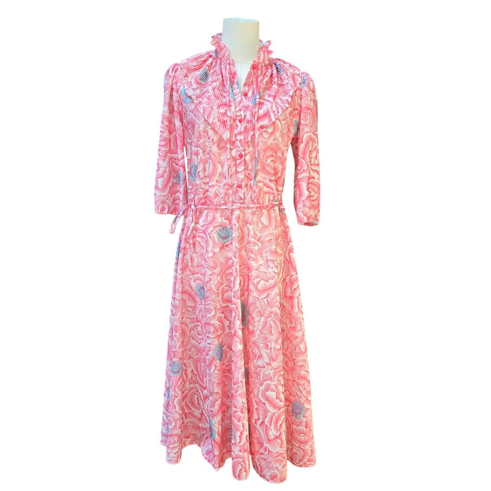 Promises Vtg 70s 80s Cottage Secretary Modest Pleat Ruffle Floral Midi Dress 10